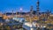 Aerial view petrochemical plant and oil refinery plant background at night,  Petrochemical oil refinery factory plant at night