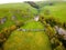 Aerial view of Peveril Castle ruins in Castleton in Peak District, England