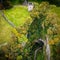 Aerial view of Peveril Castle ruins in Castleton in Peak District, England