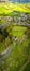 Aerial view of Peveril Castle ruins in Castleton in Peak District, England