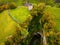 Aerial view of Peveril Castle ruins in Castleton in Peak District, England