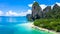 Aerial view Phra Nang Cave Beach with traditional long tail boat on Ao Phra Nang Beach, Railay Bay, Krabi, Thailand