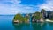 Aerial view Phra Nang Cave Beach with traditional long tail boat on Ao Phra Nang Beach, Railay Bay, Krabi, Thailand