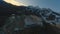 Aerial view picturesque mountain resort roof early morning scenery snowy tops