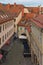 Aerial view of picturesque small street in Maribor, Slovenia. Scenic ancient buildings with red tile roofs