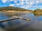 Aerial view of pier and dock at Lake Cuyamaca, California, USA