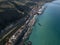 Aerial view of a pier with rocks and house close the sea. Pizzo Calabro. Calabrian coast of Southern Italy. Calabria, Italy