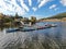 Aerial view of pier with small boat at Lake Cuyamaca, California, USA