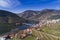 Aerial view of the Pinhao village with terraced vineyards and the Douro River, in Portugal