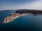 Aerial view on Piran town with old lighthouse, the port and St. George`s Parish Church