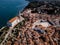 Aerial view on Piran town with Tartini main square, ancient buildings with red roofs, St. George`s Parish Church and Adriatic sea