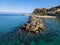 Aerial view of Pizzo Calabro, pier, castle, Calabria, tourism Italy. Panoramic view of the small town of Pizzo Calabro by the sea.