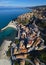 Aerial view of Pizzo Calabro, pier, castle, Calabria, tourism Italy. Panoramic view of the small town of Pizzo Calabro by the sea.