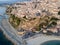 Aerial view of Pizzo Calabro, pier, castle, Calabria, tourism Italy. Panoramic view of the small town of Pizzo Calabro by the sea