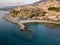 Aerial view of Pizzo Calabro, pier, castle, Calabria, tourism Italy. Panoramic view of the small town of Pizzo Calabro by the sea