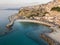 Aerial view of Pizzo Calabro, pier, castle, Calabria, tourism Italy. Panoramic view of the small town of Pizzo Calabro by the sea