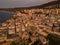 Aerial view of Pizzo Calabro, pier, castle, Calabria, tourism Italy.. Sunset time
