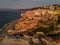 Aerial view of Pizzo Calabro, pier, castle, Calabria, tourism Italy.. Sunset time