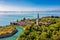 Aerial view of the plagued ghost island of Poveglia in Venice