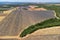 Aerial view on Plateau of Valensole with rows of blossoming purple lavender, wheat grain fiels and green trees, Provence, France