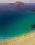 Aerial view of the Playa de las Conchas, La Graciosa island in Lanzarote, Canary island. Spain.