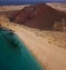 Aerial view of the Playa de las Conchas and mountain Bermeja, La Graciosa island in Lanzarote, Canary island. Spain