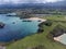 Aerial view on Playa de Palombina, Las Camaras and Celorio, Green coast of Asturias, North Spain with sandy beaches, cliffs,