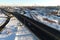 Aerial view of Podolsk cityscape and road overpass on winter sunny morning