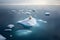 Aerial view of polar bear standing on isolated iceberg