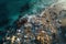 aerial view of a polluted beach choked with plastic waste, eco friendly background, nature earth