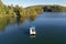 Aerial view of pontoon boat on Lake Santeetlah, North Carolina