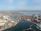 aerial view of Poole harbour and the historic Quay area seen on a sunny calm morning