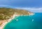Aerial view of popular scenic touristic spot in Puglia, Italy - Faraglioni di Puglia, Baia delle Zagare, Apulia region.