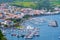 Aerial view of port in Portuguese town Horta