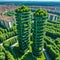 Aerial view of Porta Nuova neighborhood with the Bosco or Vertical residences with balconies adorned with several trees and