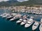 Aerial view of Porto Montenegro. Yachts in the sea port of Tivat city. Kotor bay, Adriatic sea. Famous travel destination