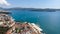 Aerial view of Porto Montenegro. Yachts in the sea port of Tivat city. Kotor bay, Adriatic sea. Famous travel destination