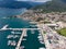 Aerial view of Porto Montenegro. Yachts in the sea port of Tivat city. Kotor bay, Adriatic sea. Famous travel destination