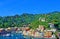 Aerial view of Portofino, on a blue sky day, Liguria, Italy.