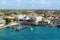 Aerial view of the ports, boats and buildings along the harbor near Oranjestad, Aruba