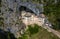 Aerial view of Pradjama Castle and village. Postojna Slovenia