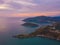 Aerial view of Promthep Cape viewpoint at sunset with Andaman sea in Phuket Island, tourist attraction in Thailand in travel trip