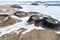 Aerial view of pseudocraters near the frozen lake Myvatn - north