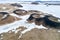 Aerial view of pseudocraters near the frozen lake Myvatn - north