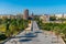 Aerial view of puente de serranos bridge in Valencia, Spain