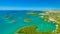 Aerial view of Puerto Rico. Faro Los Morrillos de Cabo Rojo. Playa Sucia beach and Salt lakes in Punta Jaguey.