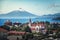 Aerial view of Puerto Varas with Sacred Heart Church and Osorno Volcano - Puerto Varas, Chile