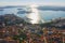 Aerial view of Pula in Croatia with Roman Amphitheatre, marina and port at sunset. Istria, Europe