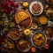 Aerial view of pumpkin pies pumpkin mousse pumpkin flowers feast on wooden planks. Pumpkin as a dish of thanksgiving for the