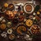 Aerial view of pumpkin pies pumpkin mousse pumpkin flowers feast on wooden planks. Pumpkin as a dish of thanksgiving for the